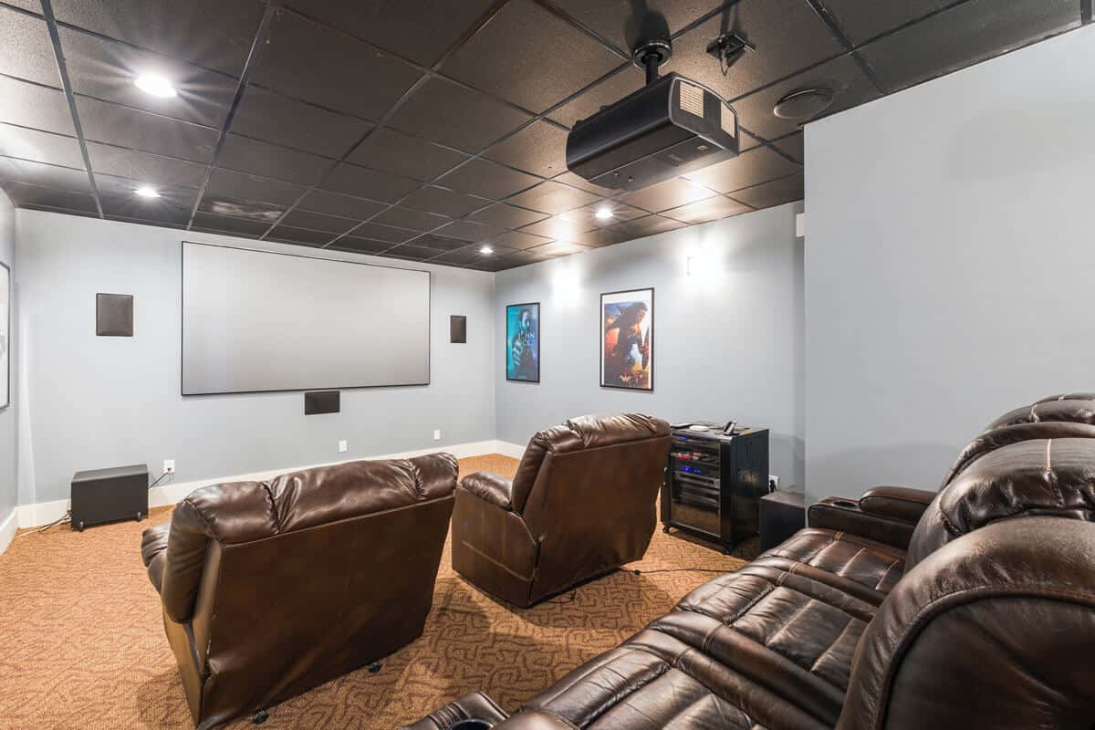 Basement renovations with a home theatre set up.